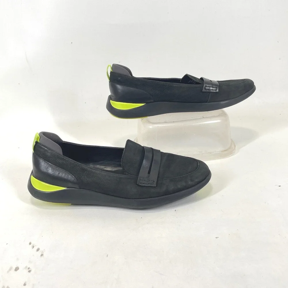 Cole Haan Grand W20962 Black Leather Suede Neon Yellow Penny Loafers Womens 9B